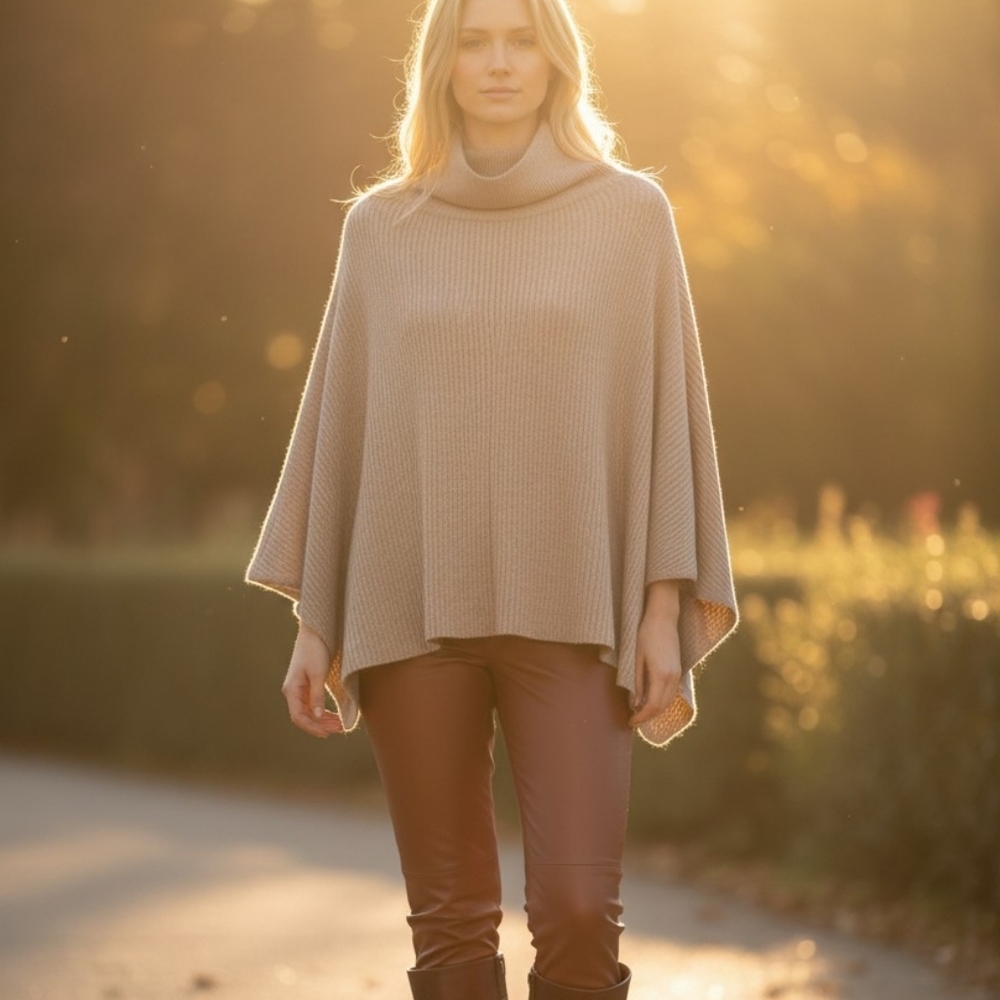 ULLA JOHNSON Rib Knit Baby Alpaca & Silk Sweater Poncho Heathered Taupe Tan XS